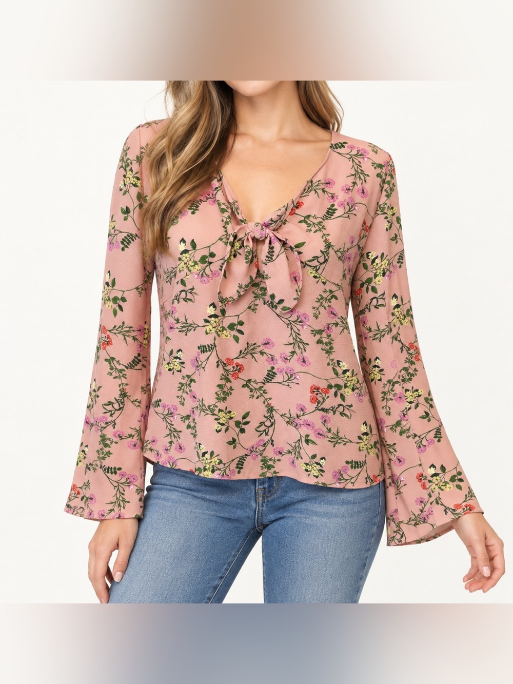 Ten Sixty Sherman Pink Floral Tie Front Bell Sleeve Blouse Y2K M